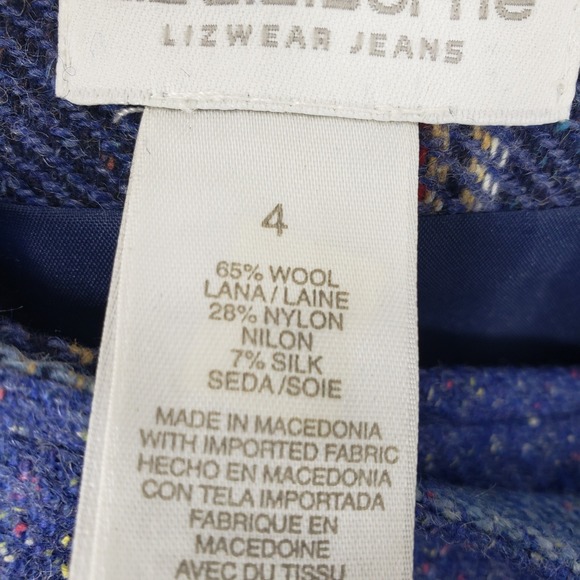 Vintage 90s Liz Claiborne Plaid Wool Skirt Sz 4 Blue Wrap Fringe Trim Tweed Mini - Picture 8 of 8